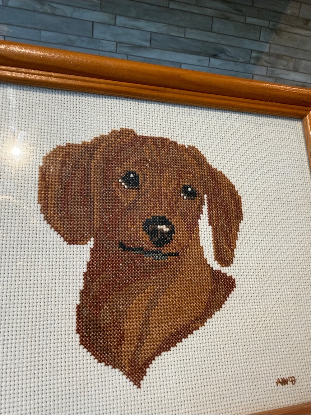 Vtg Framed  Dachshund Dog Wall Art  Framed Cross Stitch 9” by 11”